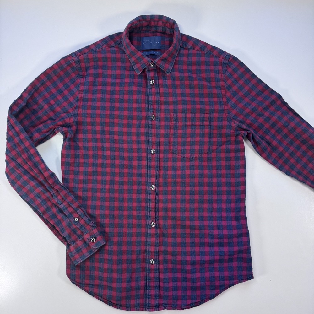ZARA‎ MAN Regular Fit Gingham Check Button Up Shirt Red Blue Mens Medium Classic